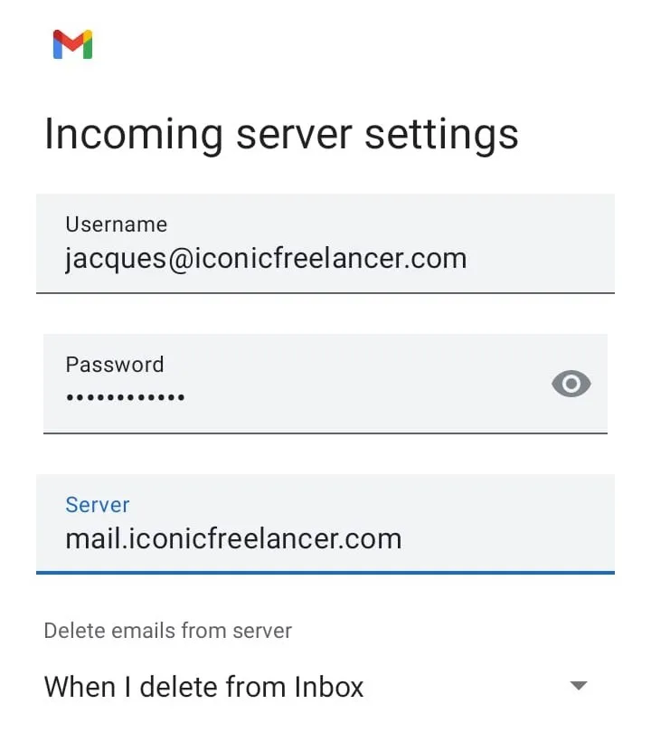 step 9. THIS IS IMPORTANT! In third text field, which is asking for server. I have added mail.iconicfreelancer.com, you have to add mail.yourcompanydomain.com, if you don't know then check with your server.